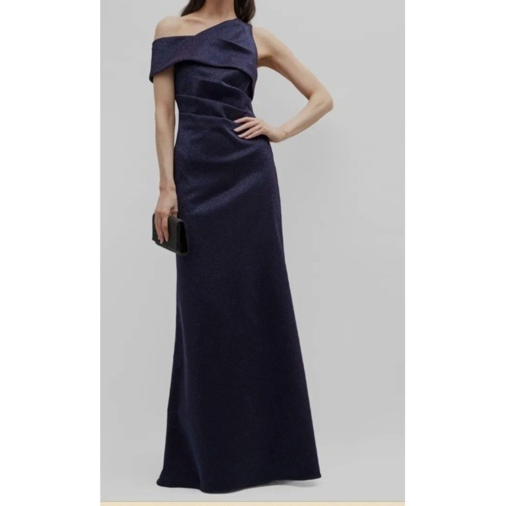 Aidan Mattox Blue Metallic Asymmetrical One Shoulder Gown Dress MD1E207396 Sz 12